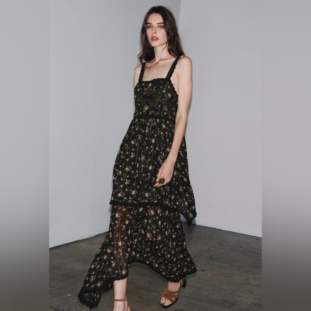 Zara Black Floral Asymmetrical Maxi Dress